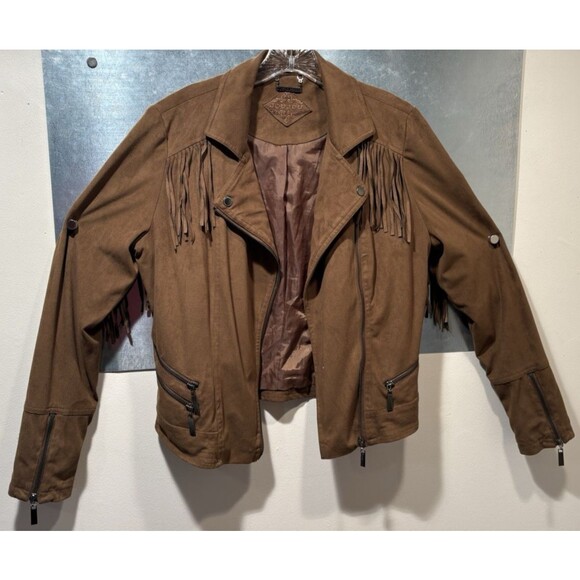JouJou Faux Suede Leather Fringe Asymmetrical Zip Motorcycle Jacket Size Large - Picture 12 of 16